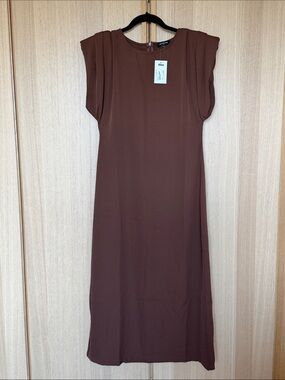 Nordstrom Area Stars Brown Midi Dress with Pleated Shoulder Detail